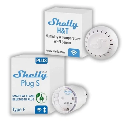 Imagen de Shelly Plus Plug S + H&amp;T Sensor inteligente de humedad y temperatura, termómetro e higrómetro habitación, mando a distancia mediante aplicación iOS Android, alertas almacenamiento