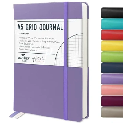 Imagen de Stationery Island Cuaderno Cuadriculado A5, Tapa Dura de Papel Libreta con Grueso Premium 120 g/m², Cuadrícula 180 Páginas Para Estudiar, Planificar, Morado