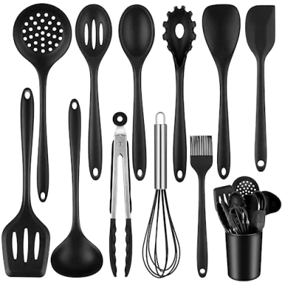 Imagen de ROYOUZI Juego de utensilios cocina, 22 piezas, silicona, antiadherente, con soporte para utensilios, apto lavavajillas, color negro