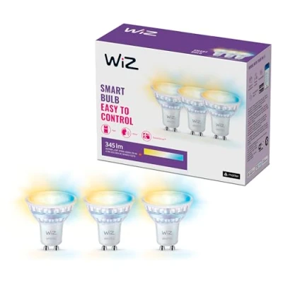 Imagen de WiZ Bombilla LED inteligente GU10 de cristal 50W, tonos blanco, Wi Fi/Bluetooth, control por voz/aplicación, funciona con Google Home, Alexa y HomeKit, pack 3 bombillas