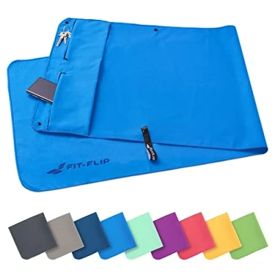 Imagen de Fit Flip Juego de Toallas Fitness con Compartimento Cremallera + Clip magnético, Toalla Multi Funcional Pendiente Patente, Microfibra Azul