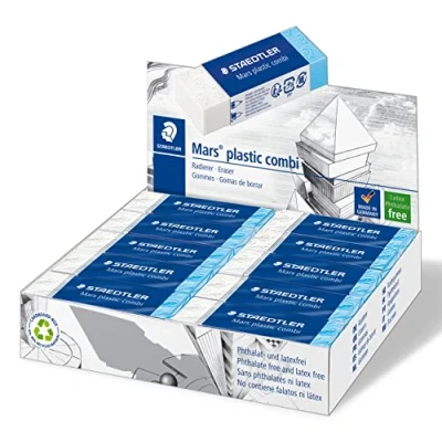 Imagen de STAEDTLER 526 508. Goma de borrar Mars Plastic combi. Borra lápiz (parte blanca) y tinta china azul). Caja expositora con 20 gomas
