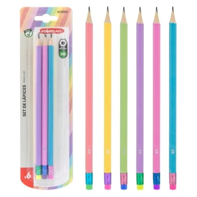 Imagen de Starplast Set escritura 6 lápices grafito HB cuerpo pastel, con goma, forma exagonal, madera, oficina y escolar, 19 cm