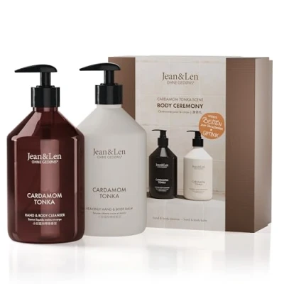 Imagen de Jean &amp; Len Body Ceremony Cardamomo Tonka, con Hand Cleanser y Balm, fragancia suavemente especiada, embalaje certificado FSC, set de regalo vegano, 2 x 500 ml
