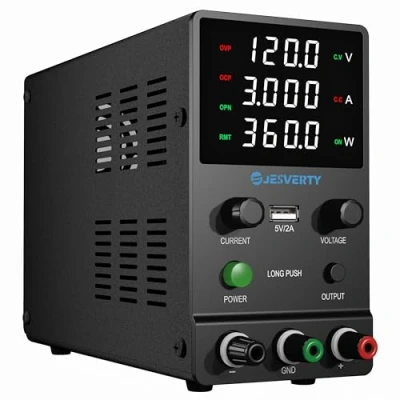 Imagen de Fuente de alimentación CC Variable, 0 120V 3A Banco Ajustable con Perilla codificadora, Control Salida, Pantalla LED 4 dígitos Alta precisión, Puerto USB 5V/2A