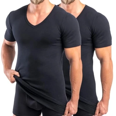 Imagen de HERMKO 488710 Camiseta de manga corta extralarga para hombre + cuello en V 6 cm con cintura, Negro , L