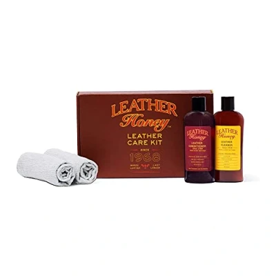 Imagen de Leather Honey Kit Completo de Cuidado para Cuero con Acondicionador (236ml), Limpiador (236ml) y Dos Paños Aplicadores Usar en Ropa Cuero, Muebles, Automóviles Zapatos