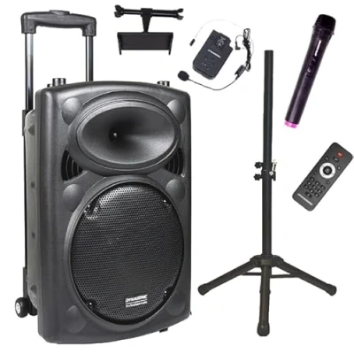 Imagen de DYNASONIC DYNAPRO 12 Plus (3ª Generación Pack Tripode) Altavoz Bluetooth Portatil Profesional, Potente 700W 2 microfonos Karaoke, Soporte Tablet y tripode UHF