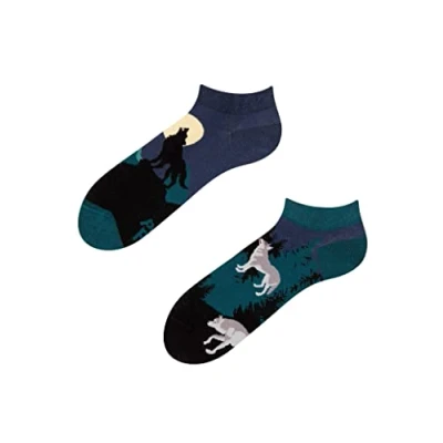 Imagen de Dedoles Calcetines Unisex Hombre Mujer y Niños Algodón muchos diseños divertidos diferente izquierda derecha, color: Azul, diseño: Lobo de la luna (tobilleros), tamaño: 39 42