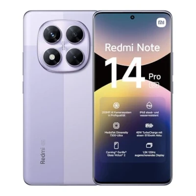 Imagen de Xiaomi Teléfono Inteligente Redmi Note 14 Pro 5G, 8+256GB, Morado, cámara AI de Grado Profesional 200 MP, IP68, Carga Turbo 45 W con batería 5110 mAh, Funciones IA (no Incluye Cargador)