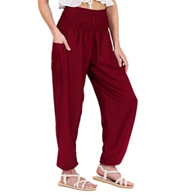 Imagen de Lofbaz Mujer Pantalones Harem Boho de Cintura alforzada Solid Borgoña 3XL