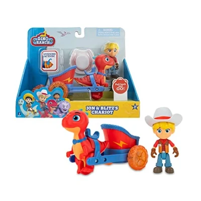 Imagen de Dino Ranch Feature Vehicle Blitz &amp; Chariot, set de juguete coleccionable la serie dibujos, con una figura los personajes, un carro y dinosaurio, 3 modelos, +4 años, Famosa (DNA03100)