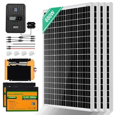 Imagen de ECO WORTHY Sistema solar de 2,72 kW·h, 680 W 12 V, para autocaravana: 4 módulos solares 170 + regulador carga MPPT 40 A 2 baterías litio 100 Ah inversor 2000