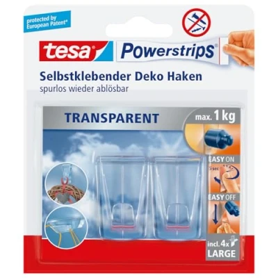 Imagen de tesa 58813 00000 00 Tiras para colgar objetos (L, 4 tiras, 2 ganchos, transparente)