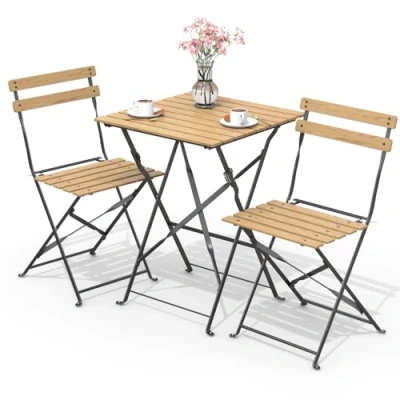 Imagen de VOUNOT Conjunto de Muebles Jardín Plegable 3 Piezas, Set Bistro con Marco Resistente y Respaldo, Juego 1 Mesa Cuadrada 2 Sillas Terraza, para Balcón, Jardín, Patio, Exterior, Aspecto Madera