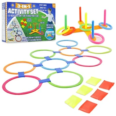 Imagen de Juegos Infantiles Set de Exterior Niños con Accesorios, Cuerda, Sacos, Juego Lanzamiento y Equilibrio, Rayuela, Aire Libre para Fiestas Cumpleaños (Set 3 en 1)