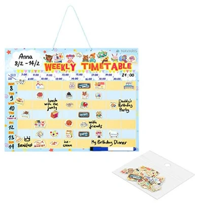 Imagen de Navaris Calendario de pared para niños Tabla recompensas en inglés Pizarra con 98x imán y marcador Tablero magnético 40 x 32 CM Azul