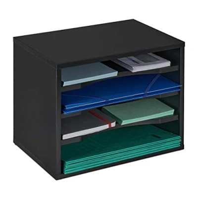 Imagen de Relaxdays Dokumentenablage Schwarz Organizador Documentos, Formato A4, Almacenamiento Amplio Cartas, 4 Compartimentos, 28 x 35,5 25 cm, Negro, Tablero de Fibras