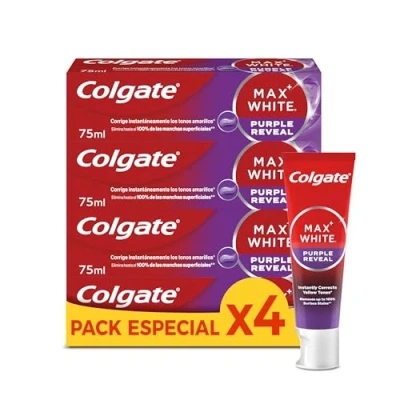 Imagen de Colgate Max White Purple Reveal Pasta de Dientes Blanqueadora, 4 Uds x 75ml, Dentífrico con Tecnología Corrección Óptica del Color, Corrige al instante* los Tonos Amarillos, Blancos
