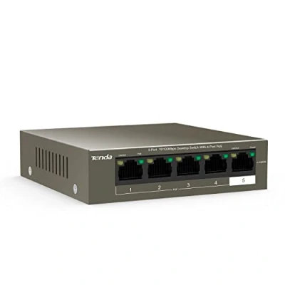 Imagen de Tenda TEF1105P 4 63W PoE Switch Ethernet de 5 Puertos 10/100 Mbps, PoE, Carcasa Metálica, Protección contra Rayos 6kV, Plug and Play, No Configuración, Tipo Desktop