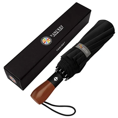 Imagen de MIKAFEN Paraguas, resistente al viento, con mango de madera, paraguas viaje, automático, compacto, ideal para hombres y mujeres, 10 varillas fibra vidrio