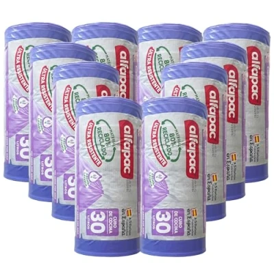 Imagen de 80% reciclado 10 rollos de 15 bolsas basura (150 bolsas) &#039;Lavanda&#039;, Ultra resistentes, Triple capa, Antigoteo, 30L autocierre