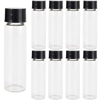 Imagen de LCOUACEO Botellas de Muestra Vidrio 40ml, para Muestras con Tapa Negra Rosca, Mini Cristal Transparente Vacíos Viales Aceites Esenciales, Manualidades y Regalitos Bodas