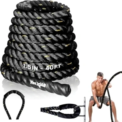 Imagen de Yes4All cuerda de batalla 9m/12m/15m largo, 38mm/50mm diámetro, entrenamiento ejercicio poliéster Dacron con funda protectora Incluye anclaje acero y correas