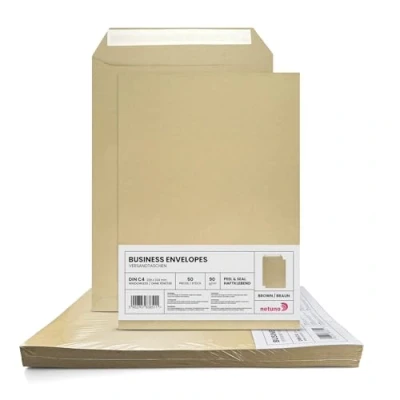 Imagen de Netuno 50x sobres grandes de papel marrón DIN C4 229x324mm 90g con solapa recta autoadhesiva sin ventana comerciales postales para uso general cartas facturas documentos negocios