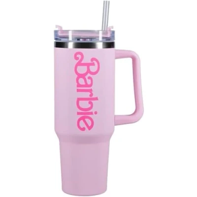 Imagen de Paladone Barbie Botella H2O con licencia oficial logotipo rosa, vaso aislado al vacío de acero inoxidable tapa y popote para agua, té helado o café