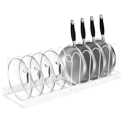 Imagen de Fousenuk Organizador de Sartenes, Soporte Sartenes Expandible Cocina, Separador Ajustable con 10 Compartimentos, Estante Ollas y Tapas, Sujeta Tapas Cocina Metal (Blanco)