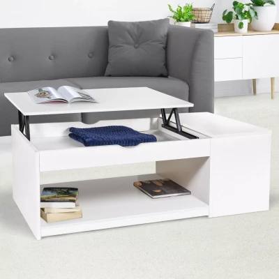 Imagen de IDMarket Mesa baja rectangular ELEA con maletero de madera, color blanco