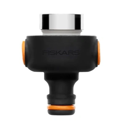 Imagen de Fiskars Adaptador de grifo interior, Con cierre rápido para su retirada, Incluye rosca hembra M22 y macho M24, Fácil instalar, Tamaño universal, 50 g, Negro/Naranja, 1027062
