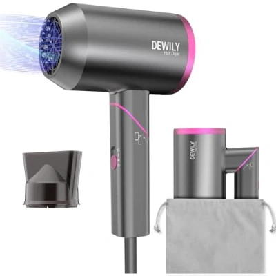 Imagen de Secador Pelo Profesional Iónico DEWILY Secadores de iones 1800W, 3 Temperaturas, Concentrador, Pequeño Compact, Viaje, Plegable, 2 Metros Cable