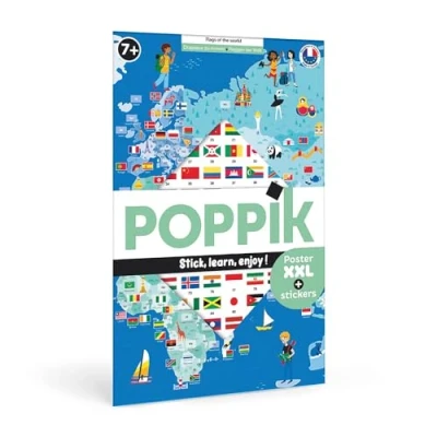 Imagen de POPPIK 1841223 Póster, póster Educativo Interactivo con Pegatinas, mapamundi multilingüe, para niños a Partir de 7 años, Color Banderas del Mundo, 68 x 100 cm (1841223)