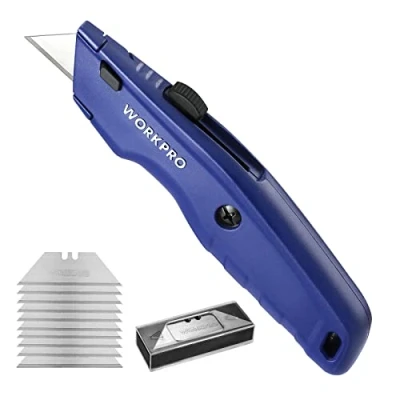 Imagen de WORKPRO Cutter Profesional, Cúter Universal, Cortador Profesional con Mango de Aluminio Antideslizante, Cuchillo 10 Cuchillas Adicionales, Azul