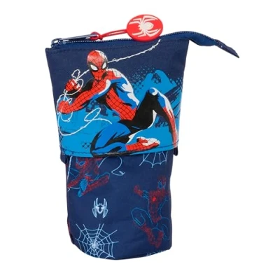 Imagen de Safta Spiderman Neon Portatodo Convertible en Cubilete, Estuche Infantil, Niño, Ideal para Niños Edad Escolar, Cómodo y Versátil, Calidad Resistencia, 8x6x19 cm, Color Azul Marino