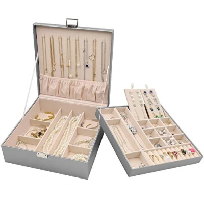 Imagen de Procase Caja Organizadora de Joyas, Almacena Collar Pendientes Pulseras Anillos y Otros Accesorios, Estuche Grande Joyero Cuero PU Doble Capa Apilable para Mujer Niña Dama Novia Amiga Gris