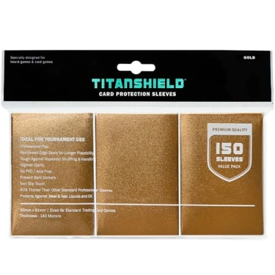 Imagen de TitanShield 150 fundas doradas de alta calidad compatibles con MTG Magic The Gathering, Lorcana, juegos mesa y tarjetas coleccionables 2.5 x 3.5 pulgadas, 66 91 mm