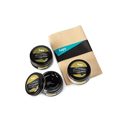 Imagen de Kaps Crema Limpiabotas y Zapatos Profesional con Paño de Algodón. Set 3 Azul Marino/Transparente/Negro 50 ml. Fabricado Cera Natural. Para el Cuidado del Calzado Cuero natural Sintético