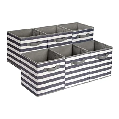 Imagen de Amazon Basics Cubos de almacenamiento, tela, plegables, con asas, 26.6 x 27.9 cm, Diseño Rayas En Colores Gris Y Blanco, juego 6