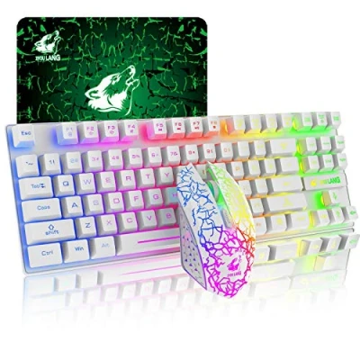 Imagen de 87 llaves Combo de Teclado inalámbrico y ratón Arco iris retroiluminado juego sensación mecánica recargable 2.4G + LED para juegos 2400DPI Alfombrillas (blanco)