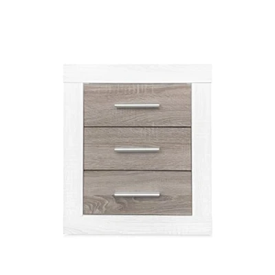 Imagen de Somnia Descanso Mesita de Noche Estilo Nórdico Modelo Mandi con 3 cajones Diseño Práctico y Elegante Colores Andersen Pino Gris
