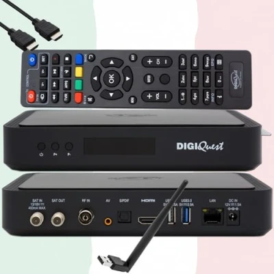 Imagen de TiVuSat Card 4K UHD + DIGIQuest Q80 Receptor Combo H.265 S2+T2 HEVC Set Top Box, con Tarjeta (NO ACTIVADA), Reproductor Multimedia, WebRadio, 150 USB WiFi Stick, HTS HDMI