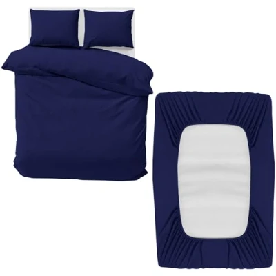 Imagen de MOONLIGHT20015 Juego de ropa cama doble 4 piezas, funda edredón, sábana bajera ajustable con fundas almohada, microfibra cepillada suave, color azul marino