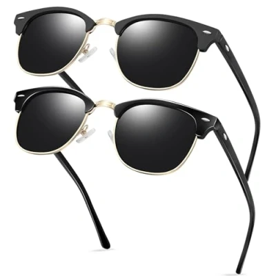 Imagen de KANASTAL 2 Pares Gafas de Sol Hombre y Mujer Negras Doradas Polarizadas Medio Marco Negro Oscuras Clásico Retro Vintage Protección UV400 Mate + Brillantes