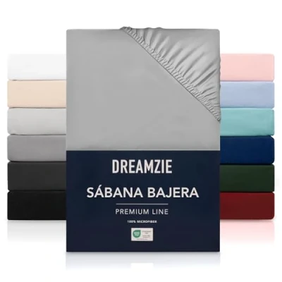 Imagen de Dreamzie Sabanas 180x200 cm Grandes Solapas de hasta 33 100% Microfibra Gris Certificada sin Productos Químicos (Oeko Tex), bajeras Completamente Elásticas