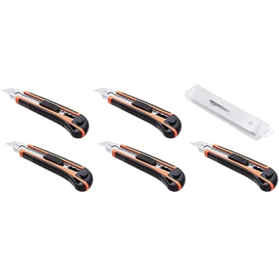 Imagen de Amazon Basics Cuchillo para uso general con empuñadura ergonómica retráctil resistente,5 unidad,hoja bloqueo multiposición 10 hojas afiladas de repuesto en un recipiente,Multicolor