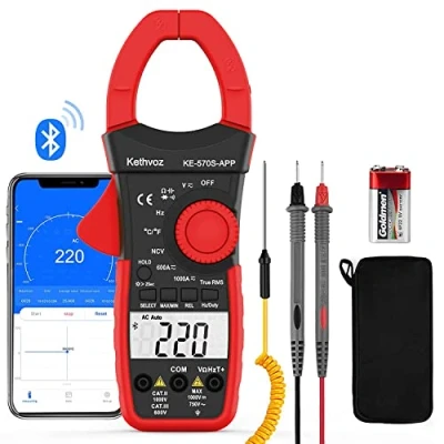Imagen de Pinza Amperimétrica Bluetooth Multímetro, Kethvoz 1000A Amperímetro de Gancho Digital con Registro Datos Mide CA/CC Corriente Tensión Resistencia Capacitancia, Medidor Eléctrico Multimétrica 570SAPP