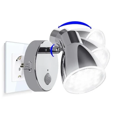 Imagen de Trango 2635 018 luz de noche con sensor LED *MILO* movimiento y función automática en cromo seguridad directa 230V, lámpara enchufe, pared, orientación